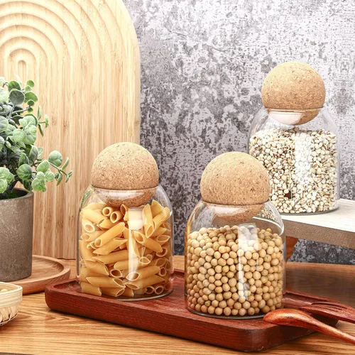 Miniatura 3 de 3 piezas de tarro de vidrio con tapa de corcho esférica decorativa, botella redonda, recipiente sellado, organizador de almacenamiento con sello