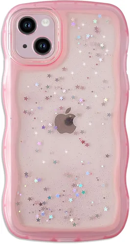 Miniatura 126 de Qokey Funda para iPhone 12 Pro Max de 6.7 pulgadas, diseño de onda rizada, borde transparente, brillante con purpurina, estrella brillante, bonita