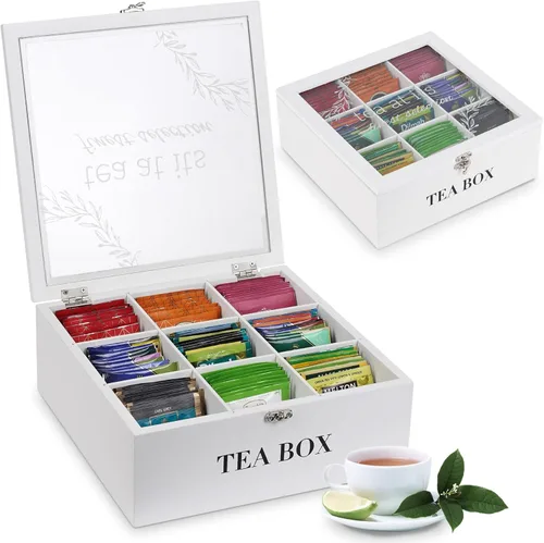 Miniatura 8 de Caja de té, almacenamiento de bolsas de té, organizador de bolsas de té de bambú, baúl moderno con 9 compartimentos y cubierta transparente