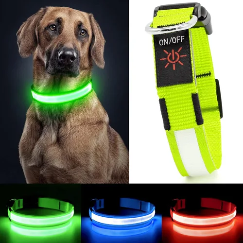 Miniatura 7 de YFbrite Collar de perro LED ajustable ultraligero, collares de perro con luz recargable que brilla en la oscuridad, collares de visibilidad y Verde