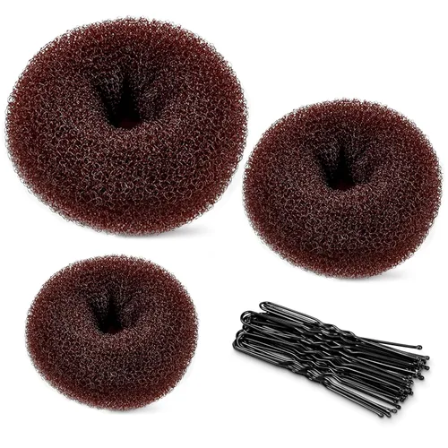 TsMADDTs Máquina para hacer moños de pelo en forma de dona, 3 piezas, color marrón oscuro, estilo anillo, con 20 horquillas en forma de U para bailar