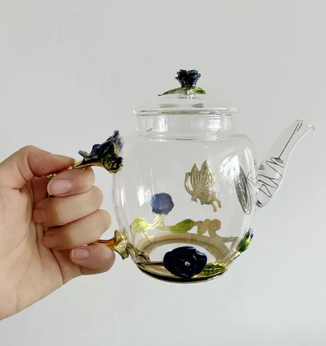 Miniatura 7 de Tetera creativa de cristal de flores para té de Kung Fu, buen regalo para hermana, mamá, abuela, profesores (rosa azul)