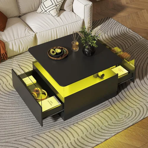 HedoAjim Mesas de centro cuadradas con almacenamiento, mesa de centro moderna para sala de estar, mesas de centro redondas negras y 2 cajones Negro