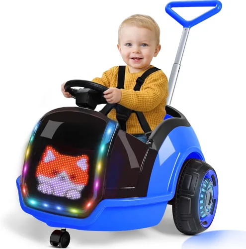 Miniatura 13 de ANPABO Auto eléctrico 3 en 1, juguete de paseo para niños de 12 V con control remoto, giro de 360°, cinturón de seguridad de 5 puntos, luz LED Azul
