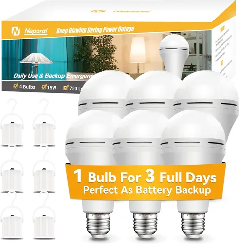 Miniatura 7 de Bombillas de Luz de Emergencia Recargables Neporal Permanecen Encendidas Cuando Falla la Energía del Hogar, LED de 15W Equivalente a 80W 1200mAh