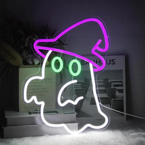 Miniatura 10 de Letreros de neón con texto en inglés "Let's Get Spooky", letrero de neón para Halloween, letras amarillas, luces de neón espeluznantes para pared