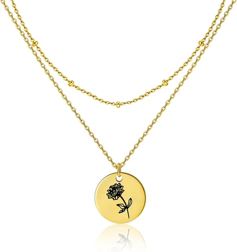 Collar con colgante de flor del mes de nacimiento, chapado en oro de 18 quilates, delicado y sencillo mes de nacimiento, colgante de disco floral,