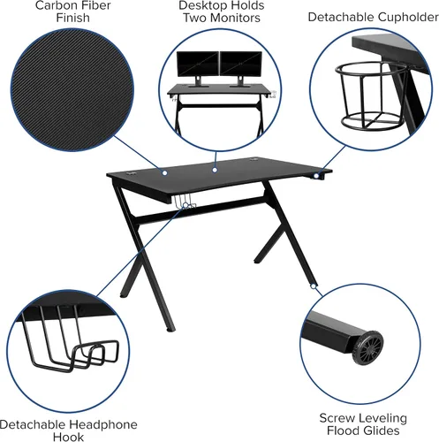 Miniatura 5 de BizChair Escritorio para juegos de 45.25 x 29 pulgadas, estación de trabajo para jugadores con soporte para auriculares y 2 agujeros para organizar