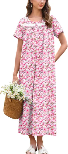 Miniatura 14 de Ekouaer Camisón para Mujeres de Algodón Camisón Largo de Noche Camisón de Manga Corta con Bolsillos Camisón con Botones Ropa de Dormir Suave
