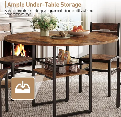 Miniatura 4 de RALGEND Mesa de comedor redonda de 47.2 pulgadas para 4, mesa de cocina de madera de granja con almacenamiento, mesa de comedor circular que ahorra