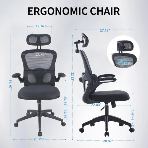 Miniatura 2 de Vigosit Silla de oficina ergonómica de malla, capacidad de 400 libras, silla de escritorio con respaldo alto con soporte lumbar ajustable, Negro