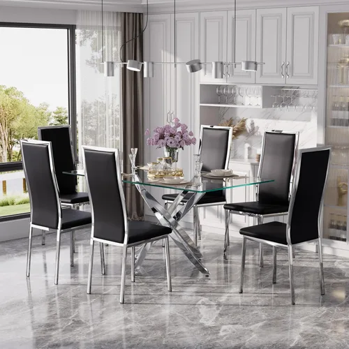 Miniatura 22 de Juego de mesa de comedor de cristal dorado moderno de 63 pulgadas para 6, juego de mesa de cocina rectangular de 7 piezas con patas de acero Negro