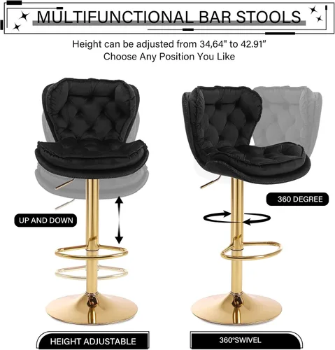 Miniatura 4 de Juego de 2 taburetes de bar giratorios de altura de mostrador con parte trasera tapizada de terciopelo, taburete ajustable, taburete de bar moderno
