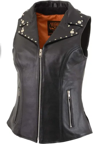 Miniatura 3 de Milwaukee Leather MLL4503 Chaleco de motociclista clásico de cuero con cuello en V negro para mujer con cuello de solapa remachado - S
