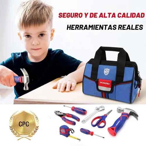 Miniatura 4 de WORKPRO Juego de herramientas de mano para niños de 9 piezas, kit de herramientas junior azul con bolsa de almacenamiento para niños, niñas, niños