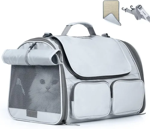 Miniatura 10 de Transportador FUKUMARU para gatos, transportador para perros pequeños con 4 ventanas de malla, bolsa de viaje para gatos con 4 bolsillos de Rosa
