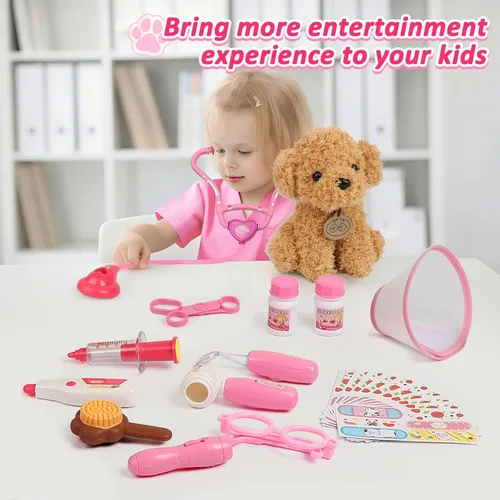 Miniatura 7 de Liberry Kit de médico para niños pequeños de 3, 4, 5, 6, 26 piezas, juego de médico con juguete para perro, estetoscopio y disfraz de disfraz, Rosa