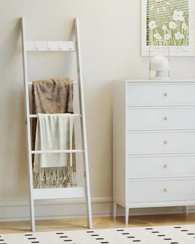 Miniatura 3 de Hzuaneri Escalera para manta para sala de estar, estante decorativo para edredón con 4 ganchos extraíbles, 5 niveles de soporte de escalera de Blanco