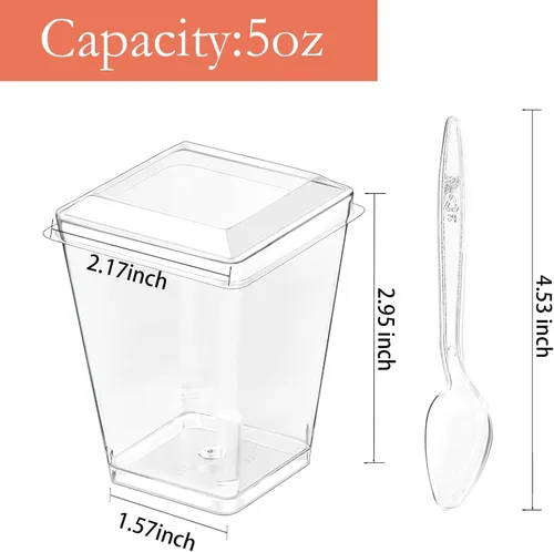 Miniatura 3 de Hiasobre Paquete de 100 vasos de plástico de 5 onzas para postre con tapas y cucharas, tazas reutilizables de parfait transparente, vasos cuadrados