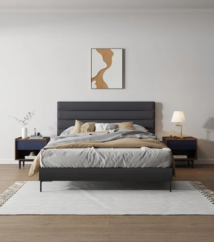 Miniatura 3 de Manhattan Comfort Duane Mesita de noche acanalada con cajón de extensión completa y estante abierto, patas de acero, mesita de noche, mesa de acento