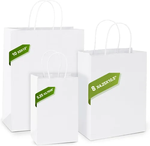 Miniatura 4 de MESHA Bolsas de papel de regalo de 5.25 x 3.75 x 8 pulgadas, pequeñas bolsas de papel blancas con asas a granel, 100 bolsas de papel kraft