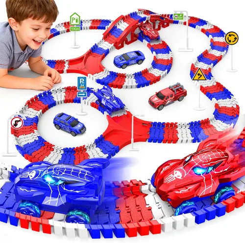 Miniatura 7 de Juguetes de dinosaurio para niños de 3 a 5 años, juego de pista de tren flexible que brilla en la oscuridad, 2 autos de dinosaurio para niños