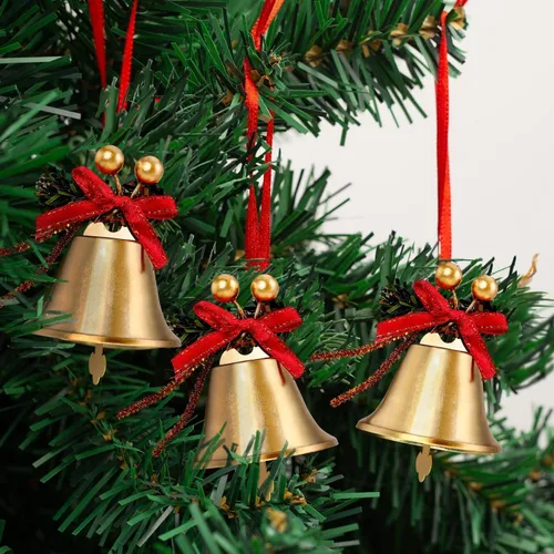 Miniatura 3 de Campanas Doradas de Navidad, 12 piezas Cascabeles de Metal Dorado de 2.4 pulgadas con Lazo Rojo y Adorno Colgante de Árbol de Bayas, Cascabel