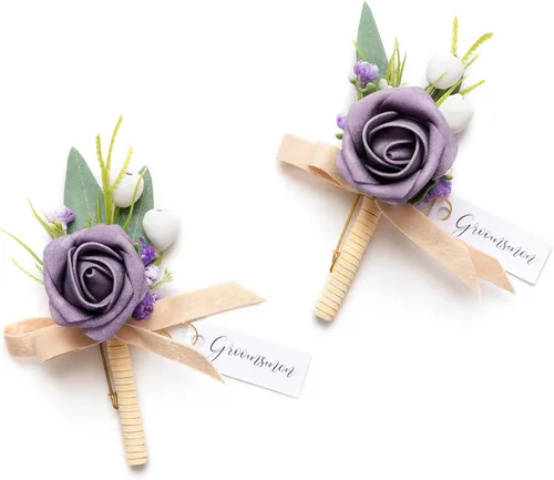 Miniatura 20 de Ling's moment Boutonniere para hombres, 2 piezas de novios, padrinos de boda, flores artificiales para bodas, bailes, regreso a casa, etc. Azul Azul