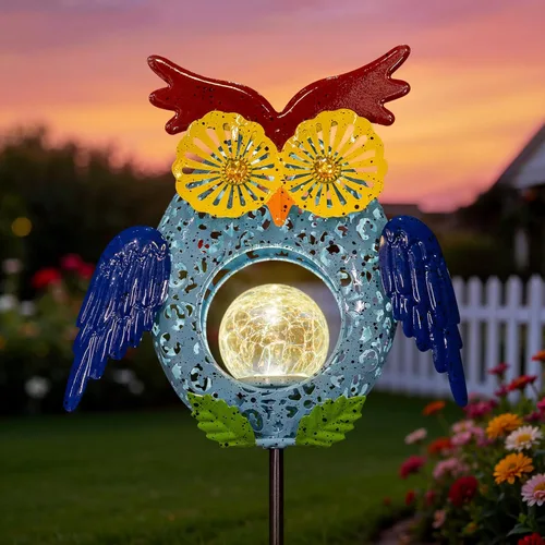 Miniatura 8 de Go2garden - Luces solares para exteriores, estacas metálicas decorativas con diseño de búho, pez, tortuga, luces de cristal craquelado para césped