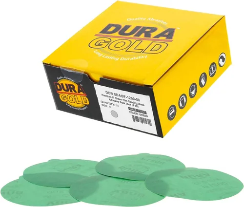 Miniatura 10 de Dura-Gold Discos de lija PSA de película verde de 5 pulgadas, grano 180 (caja de 50), discos de papel de lija autoadhesivos con parte trasera