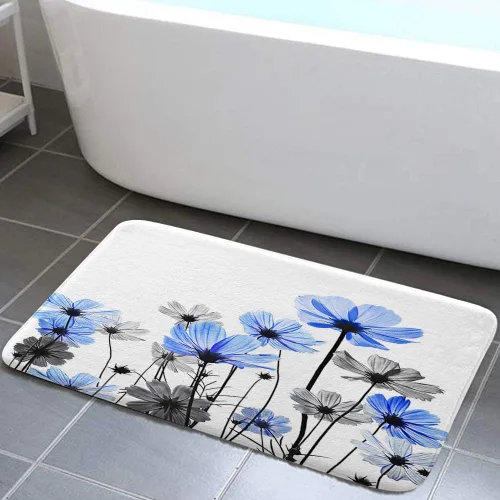 Alfombras de baño azules, rústicas y elegantes alfombras de baño florales azules y grises con margaritas, bonito diseño de flores silvestres, planta