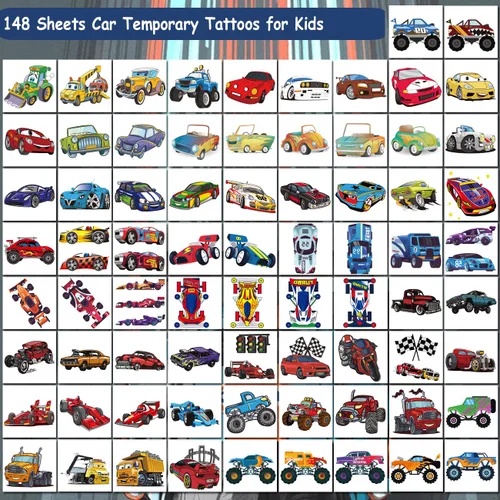 Miniatura 3 de CHARLENT 148 tatuajes temporales de autos de carreras y camión monstruo para niños, tatuajes individuales de automóvil GoKart para niños, regalos