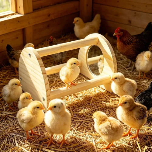 Miniatura 4 de Perca de pollo de pino con espejo, barra de gallo fuerte para pollitos de la selva, juguetes de pollo para gallinero y criador, juguetes de perca