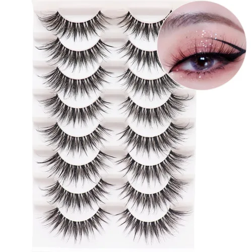 Losha Pestañas finas, aspecto natural, 8 pares de pestañas postizas de banda transparente, hechas a mano, reutilizables, paquete de pestañas