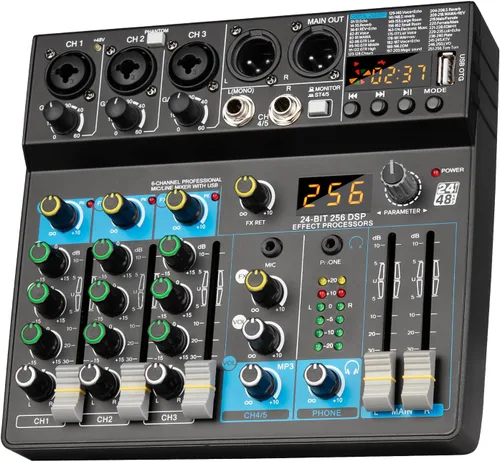 Depusheng Mezclador de audio profesional Digital FX 256-Bit DSP USB Bluetooth MP3 Ordenador DJ Mezclador 5 Canales Interfaz de entrada con 48V
