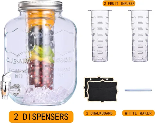 Miniatura 3 de Eleganttime Dispensadores de bebidas de vidrio de 1 galón para fiestas, paquete de 2 dispensadores de bebidas con infusor de frutas, dispensador