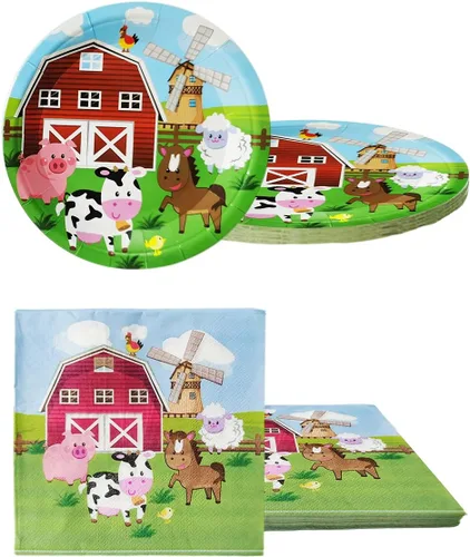 Miniatura 7 de Juego de vajilla de fiesta de animales de granja, 20 platos y 20 servilletas y mantel de 71 x 42 pulgadas, suministros de decoración para fiestas