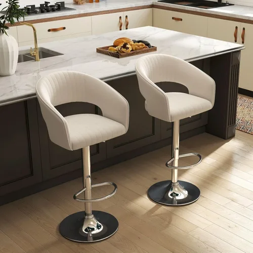 Miniatura 5 de Hyfirm Juego de 2 modernas sillas de bar de cocina con base cromada dorada, taburetes de bar giratorios ajustables con respaldo y reposapiés