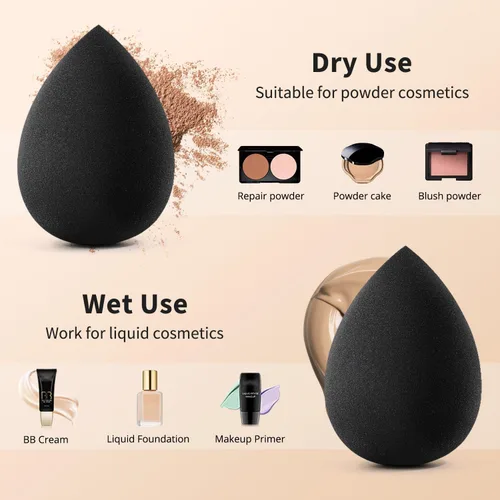 Miniatura 4 de BEAKEY Juego de esponjas de maquillaje, 5 esponjas de mezcla de base, esponjas de belleza impecables para líquidos, crema y polvo, esponjas de Negro