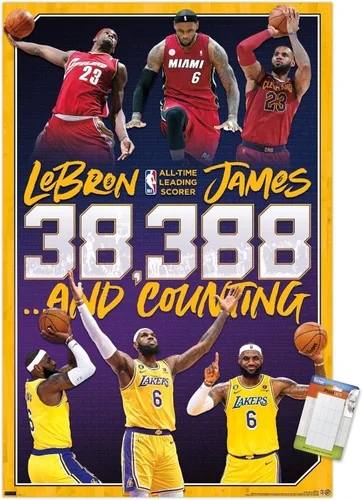 Miniatura 12 de NBA League - Póster de pared de LeBron James All-Time Scoring Leader, 22.4 pulgadas de largo x 14.7 pulgadas de ancho, versión enmarcada plateada