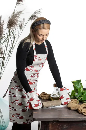 Miniatura 3 de Delantal de cocina de lino con 2 guantes cortos para horno, delantales de cocina con bolsillo frontal para mujeres y hombres con bonito diseño
