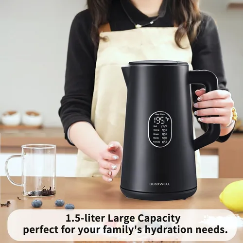 Miniatura 2 de Hervidor eléctrico de acero inoxidable de 1.5 L, tetera de doble pared de tacto fresco, hervido rápido, control preciso de temperatura, pantalla