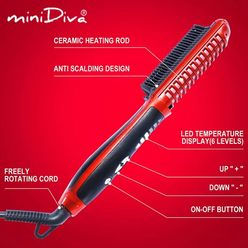 Miniatura 2 de Minidiva Rizador y alisador de cabello 2 en 1 con antiquemaduras, calentamiento rápido de cerámica de 30 segundos, 6 niveles de calor, apagado Rojo