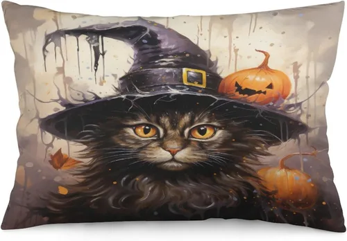 Miniatura 7 de Funda de almohada con sombrero de bruja con diseño de gato de 20 x 30 pulgadas, diseño de impresión de doble cara con cremallera invisible, Patrón 8