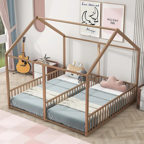 Miniatura 16 de Base de cama de metal de tamaño individual con plataforma en forma de casa de techo, para niños y niñas, soporte de metal resistente, perfecto