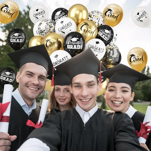 Miniatura 4 de FEYG Globos de graduación, 52 piezas, 12 pulgadas, negro dorado graduación, estampado graduación, clase de 2025, decoraciones de fiesta de graduación