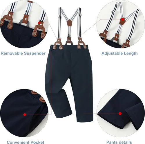Miniatura 3 de DISAUR Ropa para bebé niño, camisa de vestir con corbatín y pantalones de tirantes, conjuntos de traje de caballero para boda de 1 a 6 años