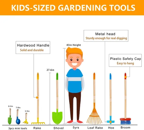 Miniatura 2 de 8 piezas de herramientas de jardinería para niños, juego de rastrillo y pala para niños, herramientas de jardín al aire libre para niños pequeños, 8