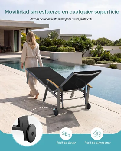 Miniatura 6 de Ciokea Sillón para exteriores con almohada, tumbona de aluminio de 5 posiciones con ruedas y reposabrazos, silla de piscina resistente de 400 libras