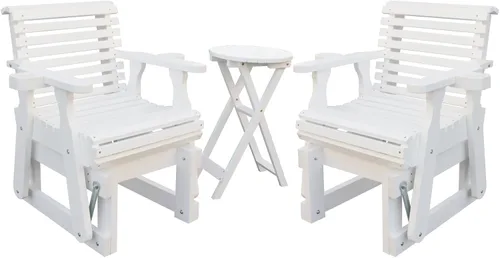 Silla planeadora para exteriores, juego de muebles de patio de madera de 2 plazas con mesa, portavasos, respaldo alto y asiento contorneado Blanco